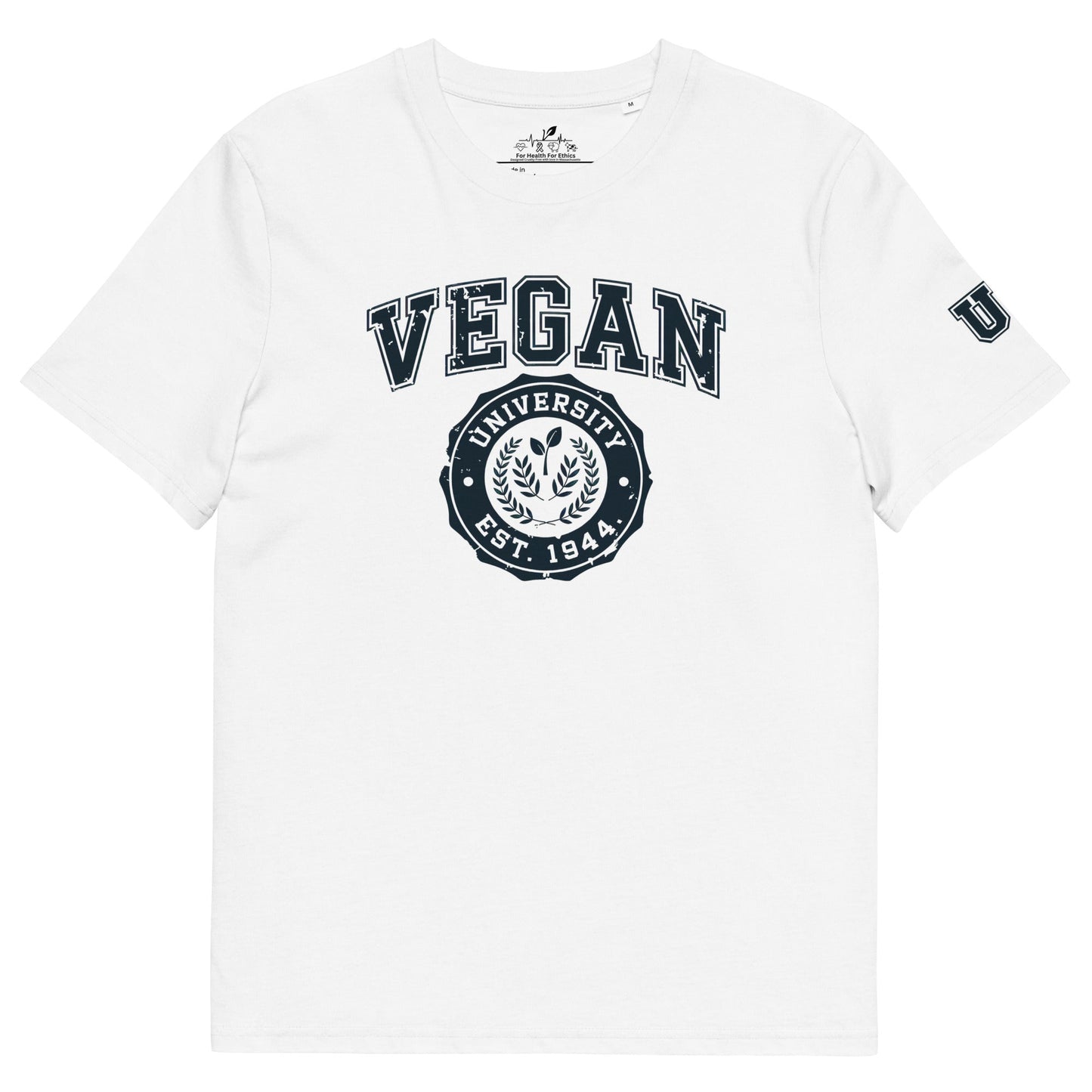 Vegan University T-shirt - For Health For Ethics - White/Navy