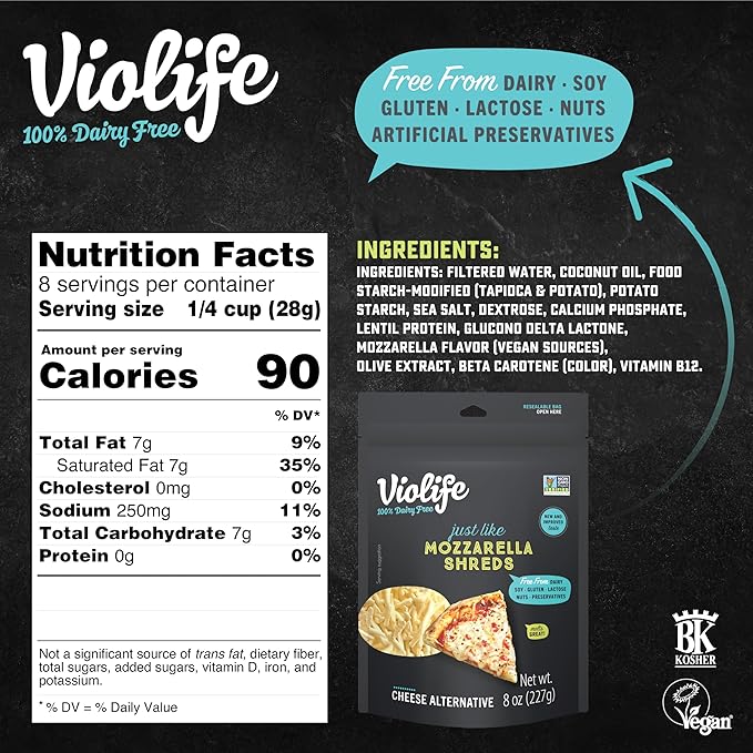 VIOLIFE Just Like Mozzarella Shreds, 8 OZ - For Health For Ethics - 