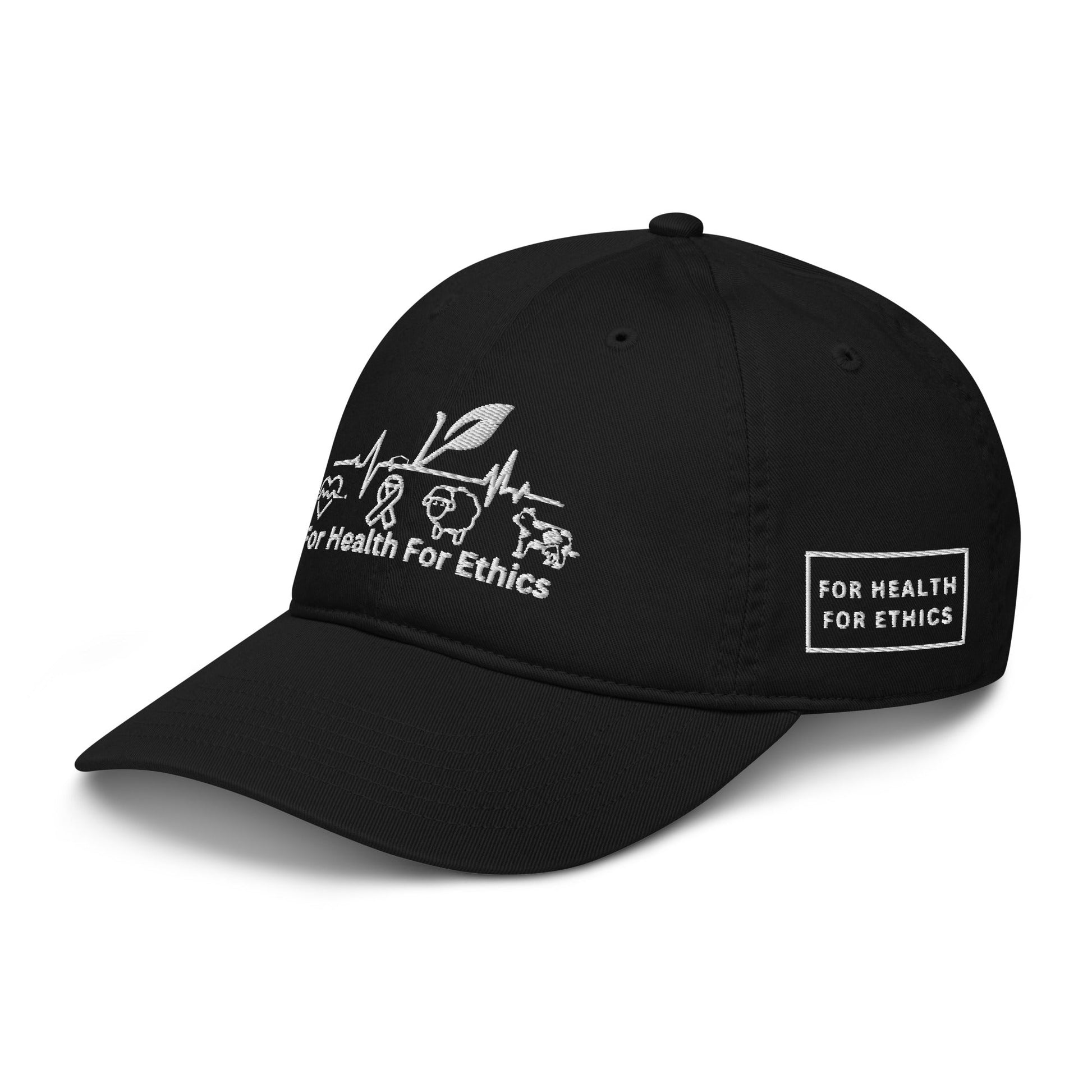 Vegan Organic dad hat - For Health For Ethics - Black - Front Left