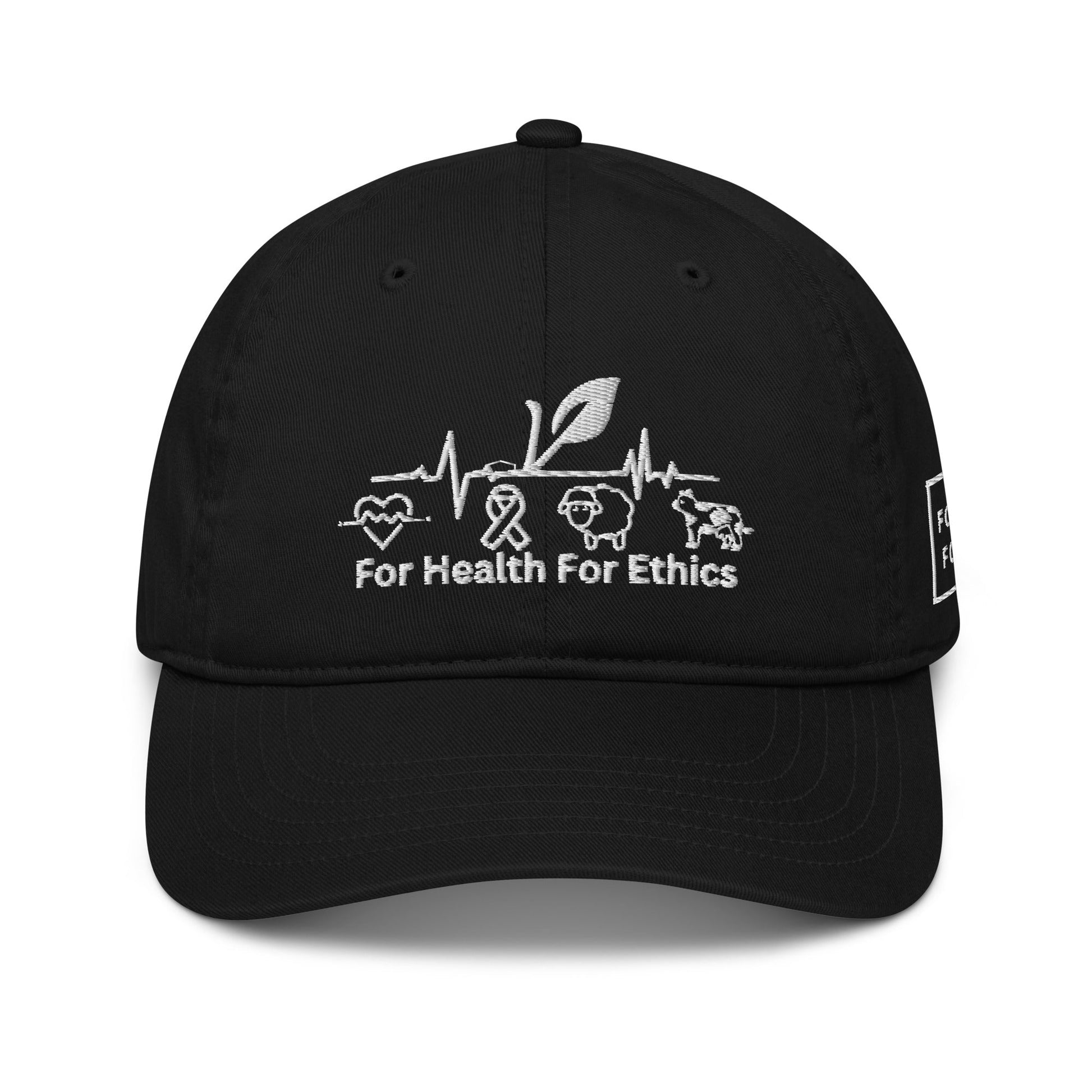 Vegan Organic dad hat - For Health For Ethics - Black - Front