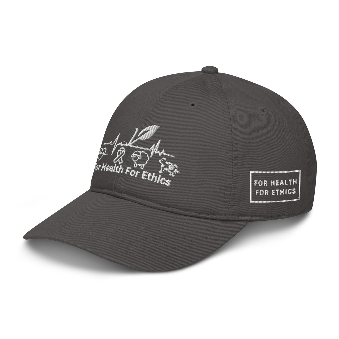 Vegan Organic dad hat - For Health For Ethics - Charcoal - Front Left