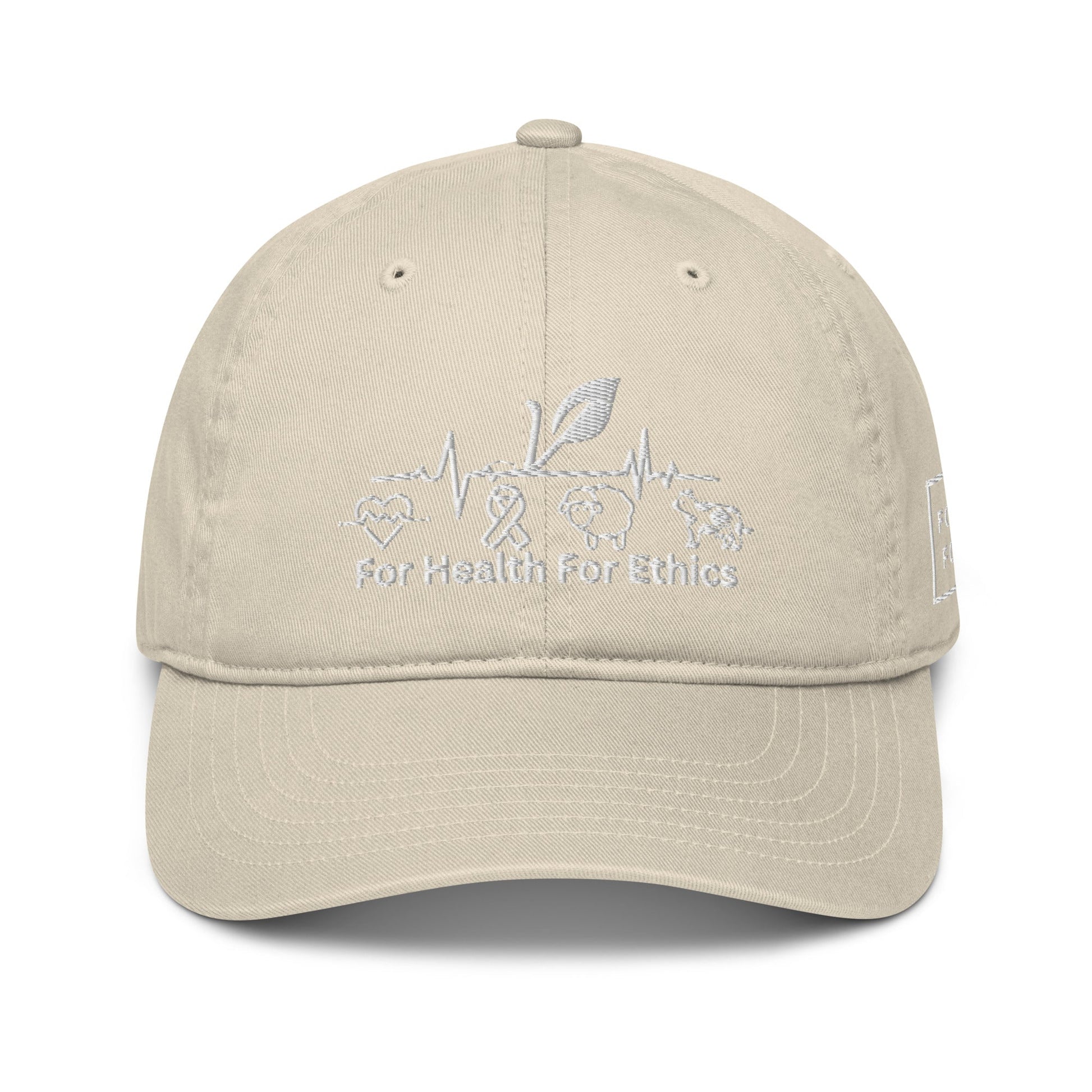 Vegan Organic dad hat - For Health For Ethics - Oyster - Front